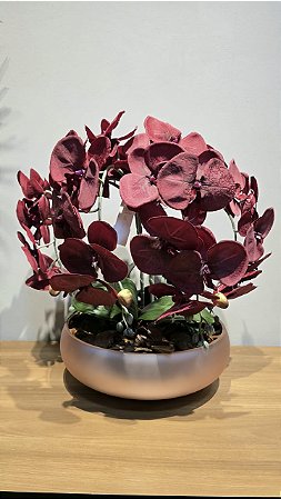 Arranjo Artificial 4 Orquideas Vermelhas + Vaso Rosê 28cm