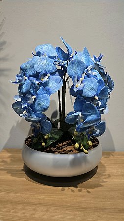 Arranjo Artificial 4 Orquideas Azuis + Vaso Prata 28cm