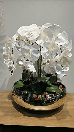 Arranjo 8 Orquideas Brancas + Vaso Dourado 35cm