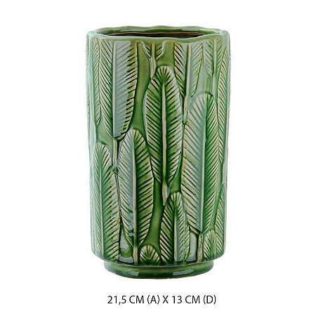 Vaso Cerâmica Decorado Folha Verde 21,5x13cm