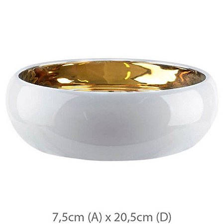 Vaso Cerâmica Bacia Branco Dourado 7,5x20,5cm