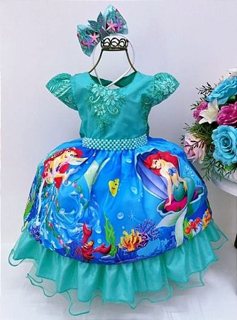 Vestido Infantil Princesa Ariel Lilás E Tule Verde Pérolas