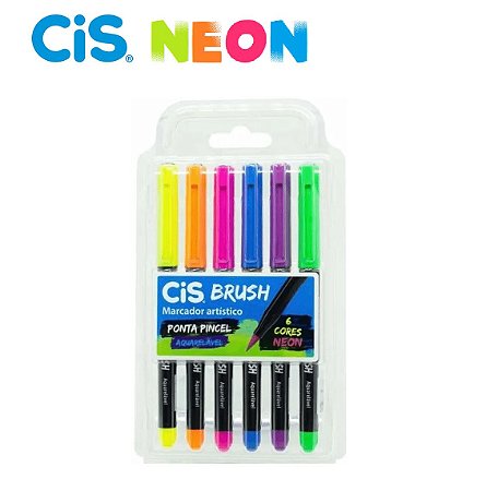 Marcador Aquarelavel Cis Brush c/ 6 Cores Neon