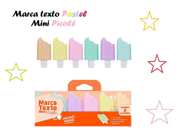 Caneta Marca Texto Mini Picolé Tons Pastéis 6 Cores Jocar