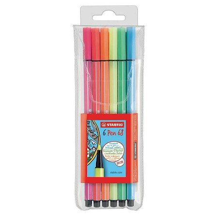 Estojo caneta Stabilo Pen 68 Neon com 6 cores