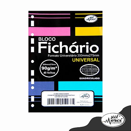 Bloco Fichário Colegial 40fls Pretas Quadriculada 90g Merci