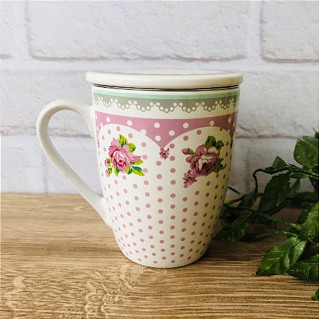Caneca De Cha Rose Porcelana Rosa E Branca 310ml