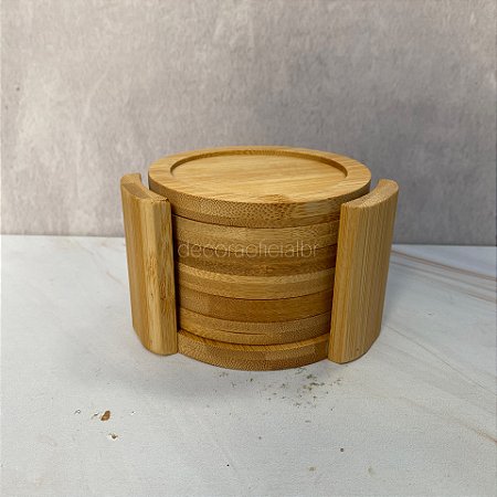 Porta Copos Com Suporte Bambu Redondo 6pc