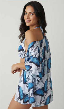 Kimono Feminino Estampado Conchas Estrelas do Mar Borboletas