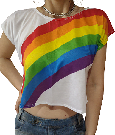 Cropped Camisetinha Arco-Íris Slim e Plus Size