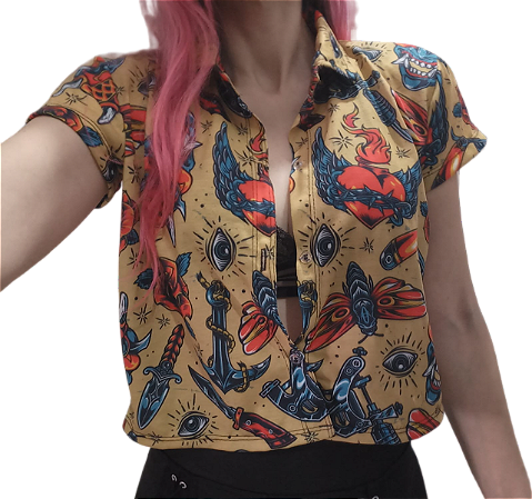 Cropped Camisa de Botão Estampada Old School
