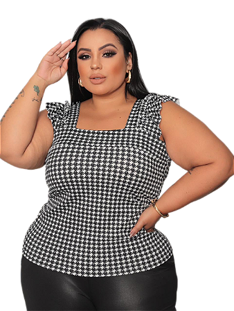 Blusa Xadrez e Cores Lisas Plus Size Alças Largas com Babados EXG Veste 48/52
