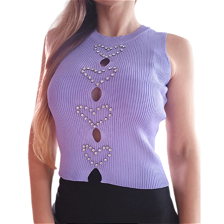Blusinha Cropped Coração de Strass e detalhe vazado Regata Tamanho P/M