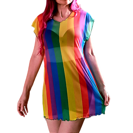Blusão em Tule Transparente Colorido Arco Íris Slim e Plus Size