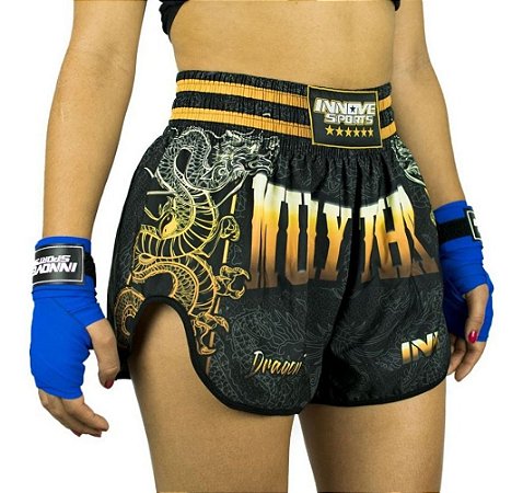 Shorts Muay Thai Innove Modelo Dragon Thai Dourado