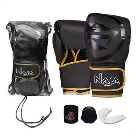 Kit Luva, Bucal, Bandagem - Black Line Preto Dourado - Naja