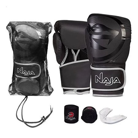 Kit Luva, Bucal, Bandagem Mod Black Line Preto Prata - Naja
