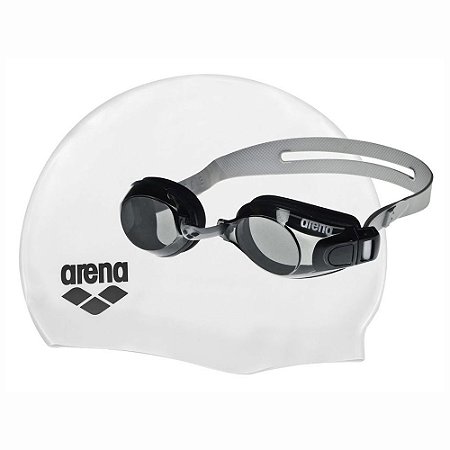 Kit Natação Arena Pool Set Óculos Touca Adulto Preto Branco
