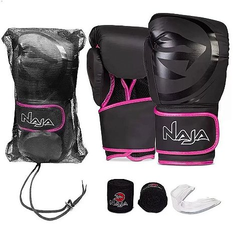 Kit Luvas Treino Naja Black Line Preto Rosa Boxe Muay Thai
