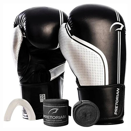 Kit Luva Boxe Pretorian First FX1 Preto Bucal Bandagem