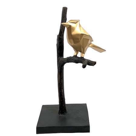 Escultura Pássaro Dourado No Galho