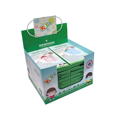 Máscara Descartável Tripla Multicores Mascovida Kids - 99% Filtragem Synergex - DISPLAY com 20 Cartuchos com 5 unidades