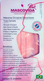 Máscara Descartável Cirúrgica Tripla Mascovida Pink - 99% Filtragem Synergex - Cartucho com 50 Unidades
