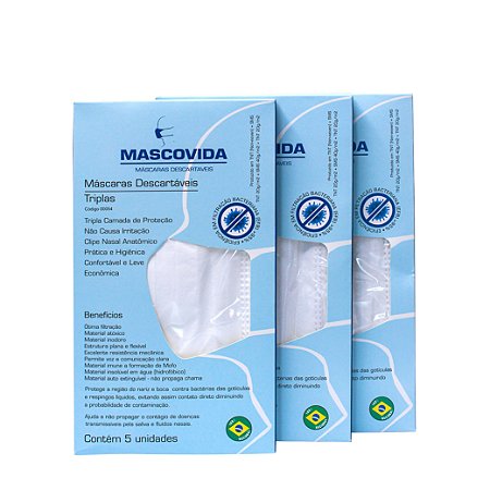 Máscara Descartável Tripla Mascovida 95% Filtragem Pack 5 Unidades -  Mascovida Máscaras Descartáveis