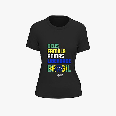 Camiseta Feminina IAT Deus Família Armas Liberdade Preta