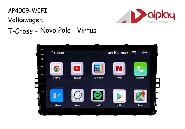 Central Multimidia Volkswagen T-Cross / Novo Polo / Virtus Android Alplay AP4009-WIFI - 9 polegadas