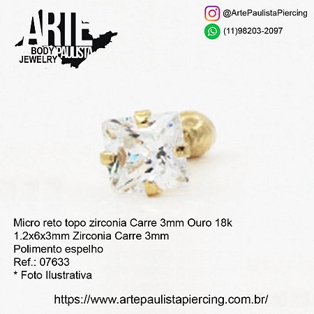 Micro Reto Ouro 18k - Topo Zirconia Carre 3mm