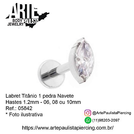 Labret Titânio ASTM F136 Rosca Interna 01 pedra Navete - Modelo 07