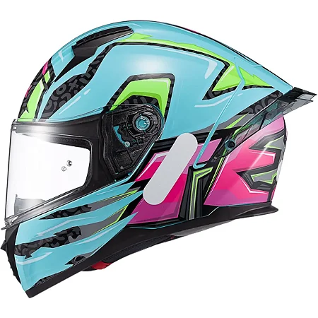 Capacete Texx Raptor Azul Verde Rosa + Viseira Fumê de Brinde