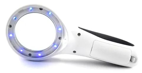 Mini Lupa de mão 90mm 8 LEDs brancos e 1 UV - Estek