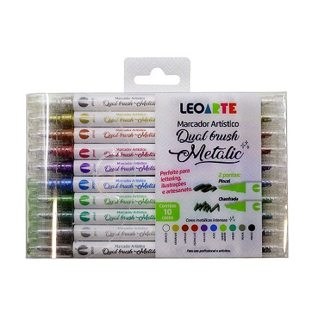 Estojo Caneta Para Lettering Leoart Dual Brush Metálica 10 Cores