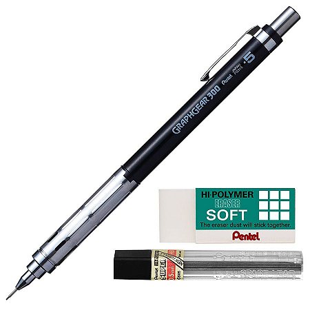 Kit Lapiseira Pentel Graphgear 300 0.5mm Preta + Grafite 0.5 HB + Borracha Hi-Polymer