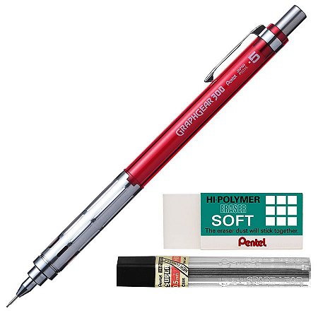 Kit Lapiseira Pentel Graphgear 300 0.5mm Vermelha + Grafite 0.5 HB + Borracha Hi-Polymer