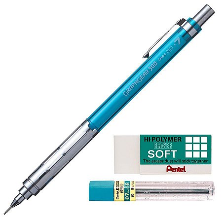 Kit Lapiseira Pentel Graphgear 300 0.7mm Azul + Grafite 0.7 HB + Borracha Hi-Polymer