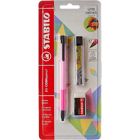 Kit Lapiseira Stabilo Com4pencil 0.7mm Rosa + Grafite 0.7 2B + Borracha Supreme