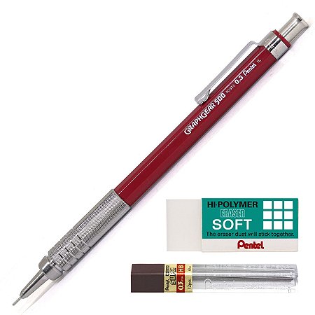 Kit Lapiseira Pentel Graphgear 500 0.3mm Marsala + Grafite 0.3 HB + Borracha Hi-Polymer