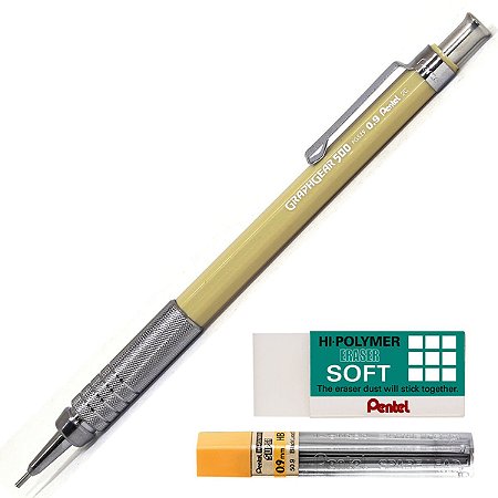 Kit Lapiseira Pentel Graphgear 500 0.9mm Bege + Grafite 0.9 HB + Borracha Hi-Polymer