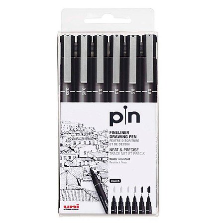 Kit Caneta Nanquim Uni Pin Preta Com 6 Unidades