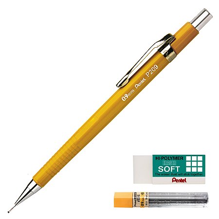 Kit Lapiseira Pentel Sharp P200 0.9mm + Grafite 0.9 HB + Borracha Hi-Polymer