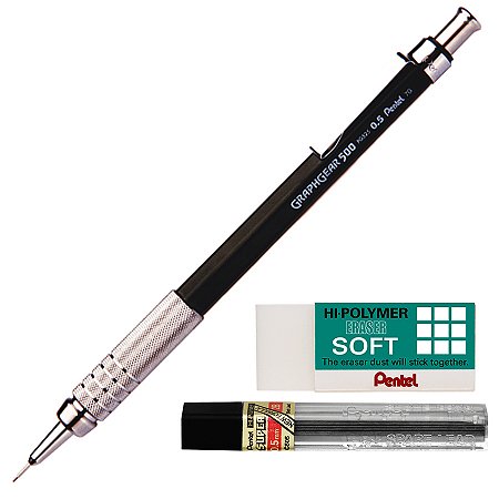 Kit Lapiseira Pentel Graphgear 500 0.5mm Preta + Grafite 0.5 2B + Borracha Hi-Polymer