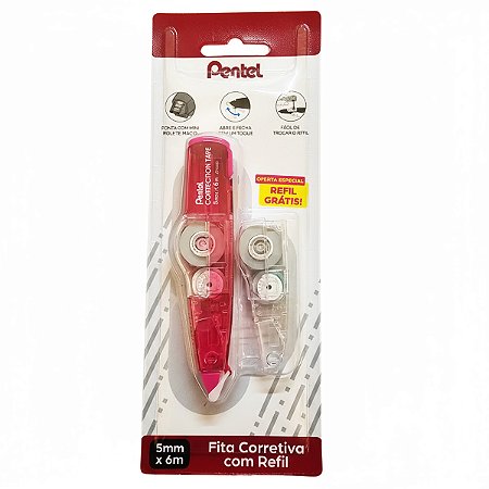 Fita Corretiva Pentel ZTP205 Rosa + Refil