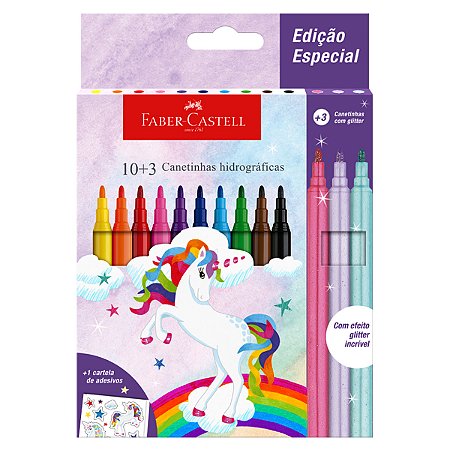Canetinha Hidrográfica Faber-Castell Unicórnio 10 Cores Básicas + 3 Cores Com Glitter