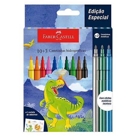 Canetinha Hidrográfica Faber-Castell Dinossauro 10 Cores Básicas + 3 Cores Com Glitter