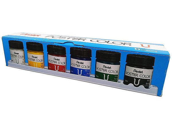 Kit Tinta Guache Para Caligrafia e Desenho Pentel Poster Color 6 Cores