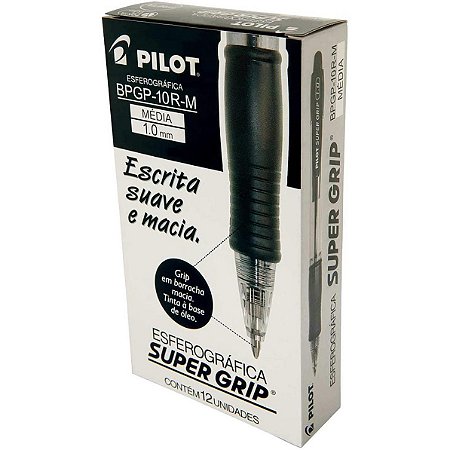 Caneta Esferográfica Preta Pilot Super Grip 1.0mm 12 Unid