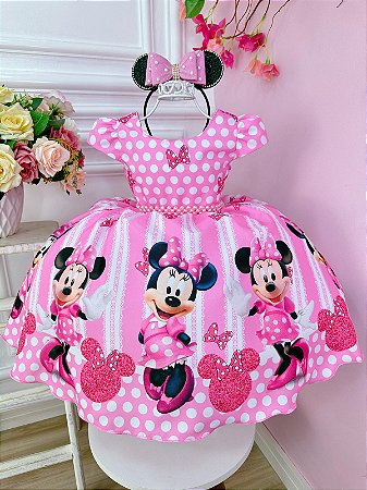 Vestido Infantil Minnie Rosa Cinto de Pérolas Princesas Bolinhas